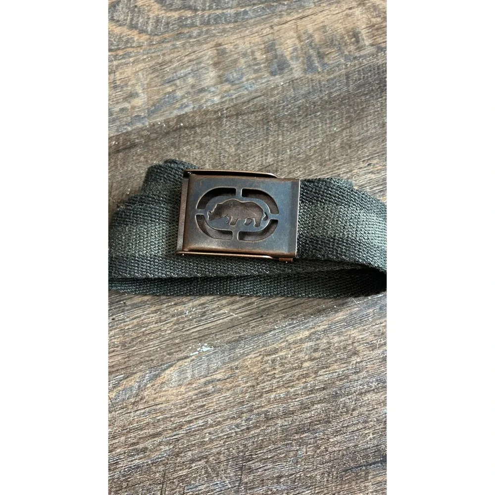 Ecko Unltd Mens Green Cotton Web Belt Size 34 Rhino Logo Military Buckle Olive